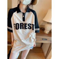 字母polo领短袖T恤女夏季欧洲站宽松大版中长款宽松遮肉上衣