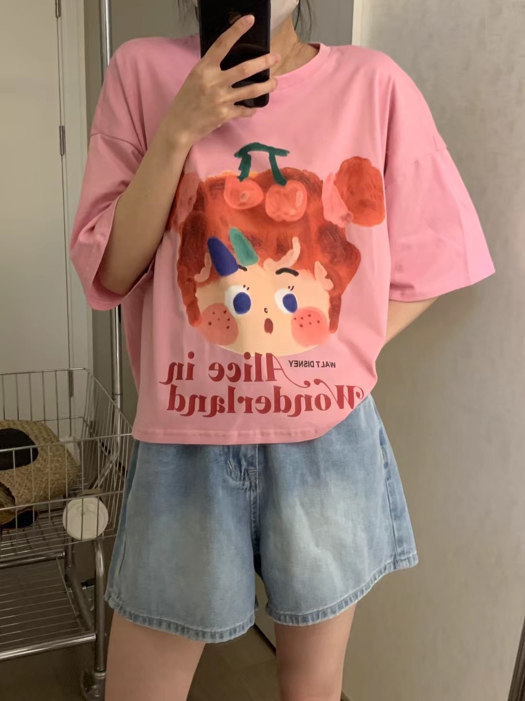 夏新款字母小女孩图案宽松圆领短袖T恤百搭上衣女