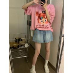 夏新款字母小女孩图案宽松圆领短袖T恤百搭上衣女
