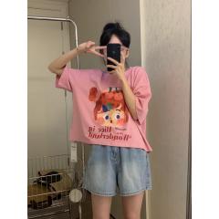 夏新款字母小女孩图案宽松圆领短袖T恤百搭上衣女