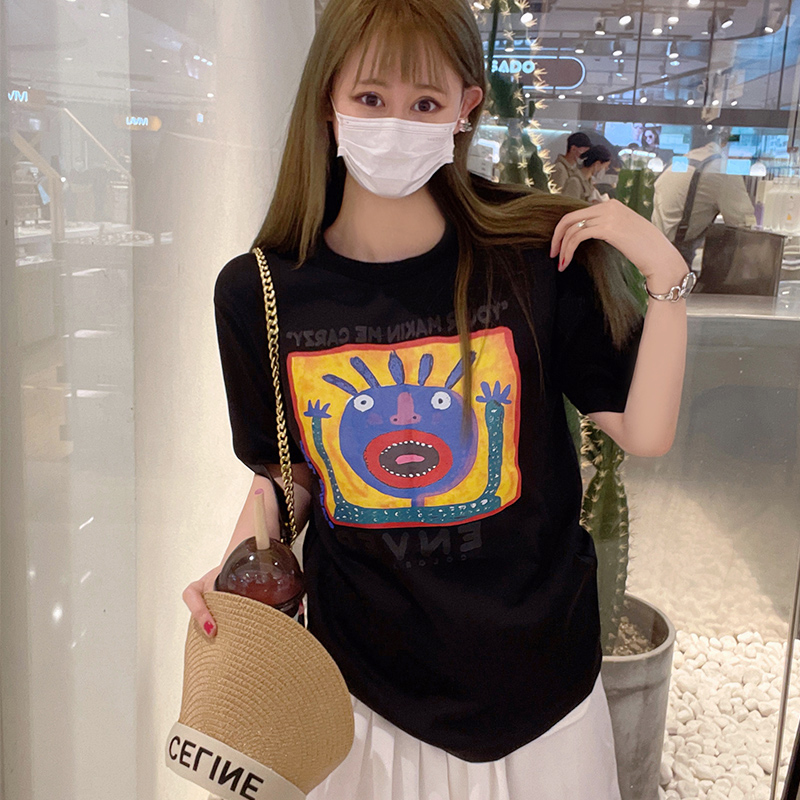 夏季新款中长款卡通潮牌印花宽松休闲短袖上衣黑棉T恤女