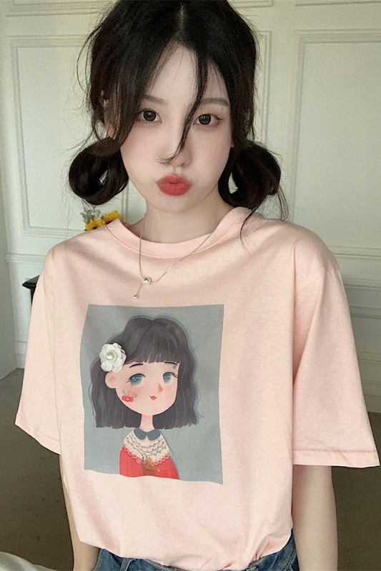 可爱卡通女孩照片印花短袖t恤女夏季新款粉色系甜美半袖宽松上衣