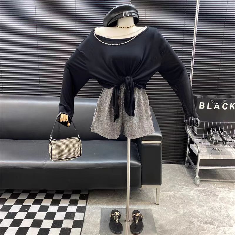 小心机漏锁骨链条不规则设计防晒衫+高腰阔腿休闲短裤套装女