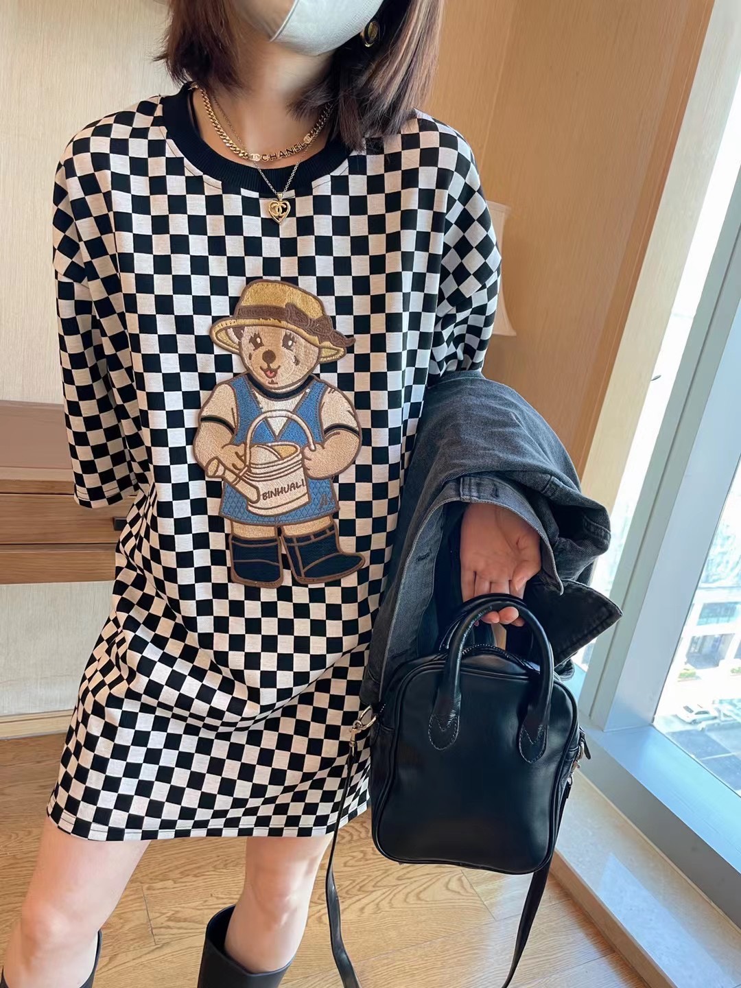 卡通熊宽松大版t恤女欧洲站秋英伦风格子潮流短袖中长款上衣