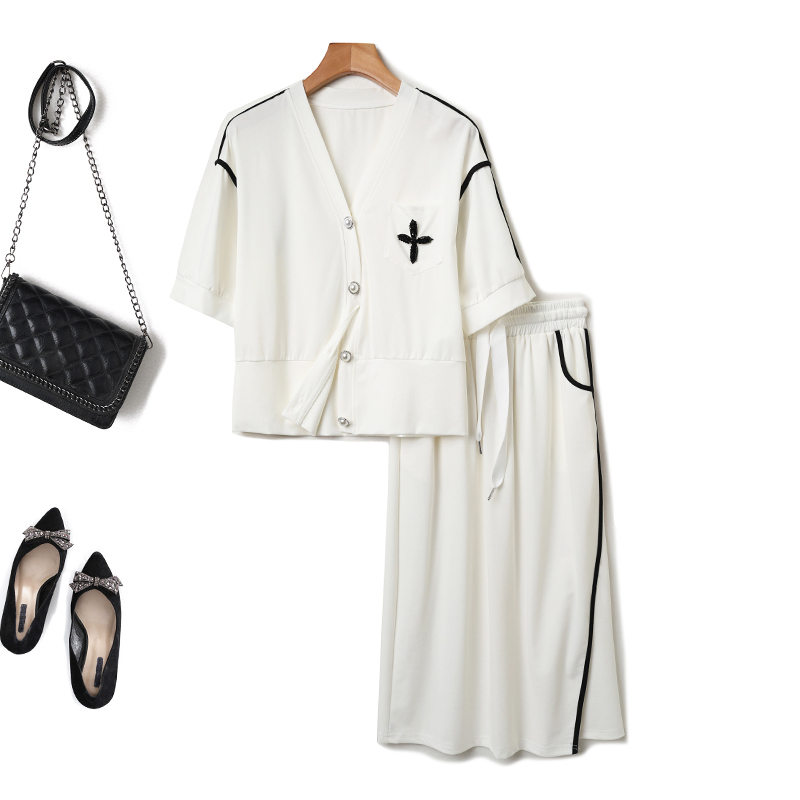 十字花白色套装天丝棉短袖开衫+一步裙两件套夏