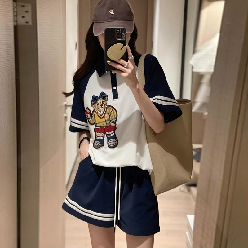 POLO领刺绣欧洲站学院风短袖休闲运动服套装女夏季时尚短裤两件套