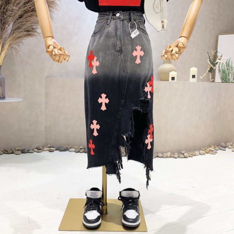 夏季新款十字架拼接牛仔半身裙女设计感辣妹不规则开叉包臀裙