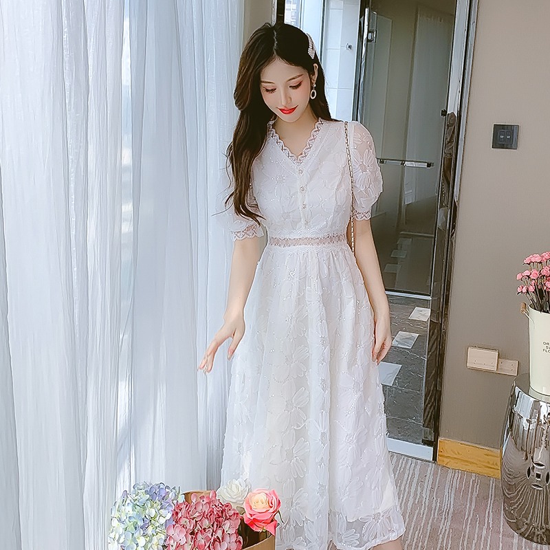 重工艺刺绣网纱连衣裙女装夏季