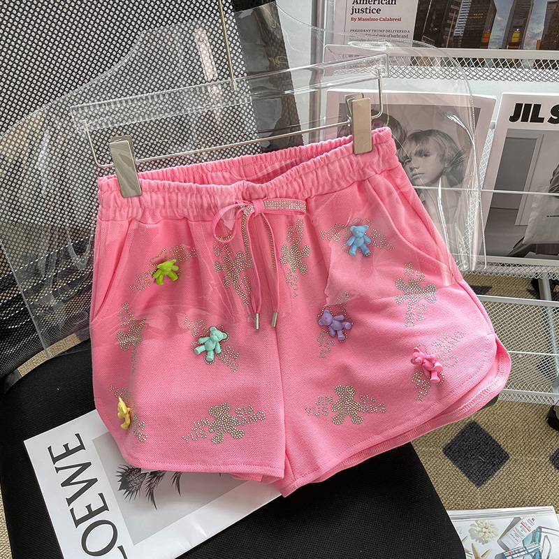 名媛小熊立体装饰休闲裤子女重工钉珠镶钻减龄时尚阔腿短裤运动裤