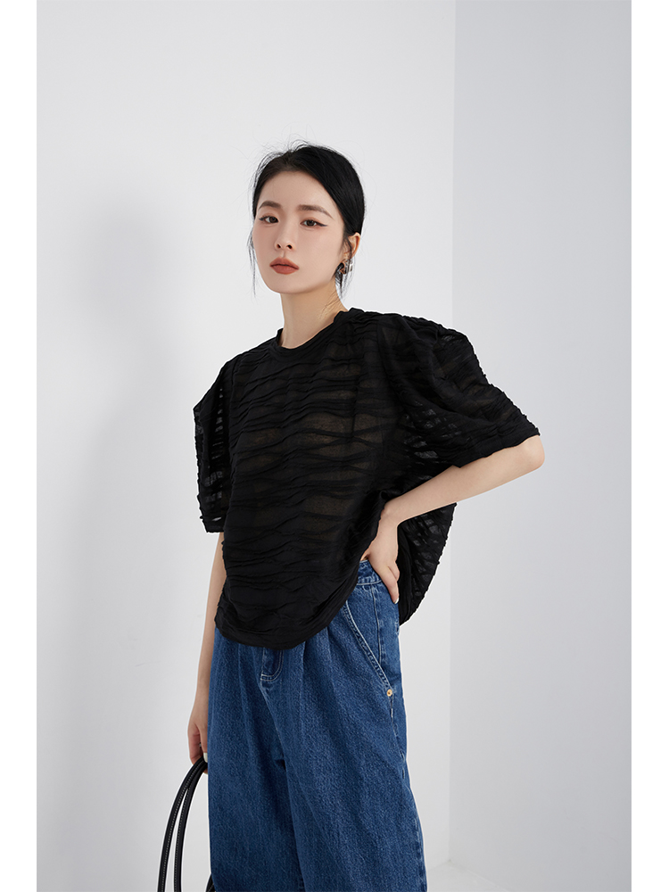 法式宽松褶皱短袖女夏季女装