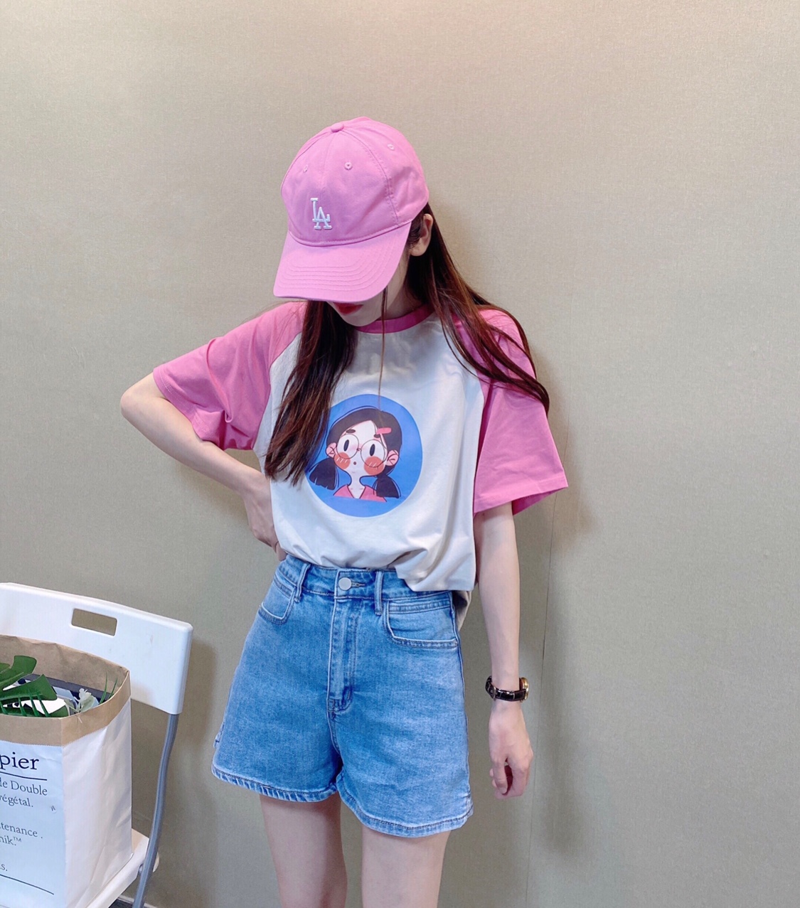 休闲宽松慵懒棉T恤女夏欧州站新款圆领短袖中长款拼接卡通上衣潮