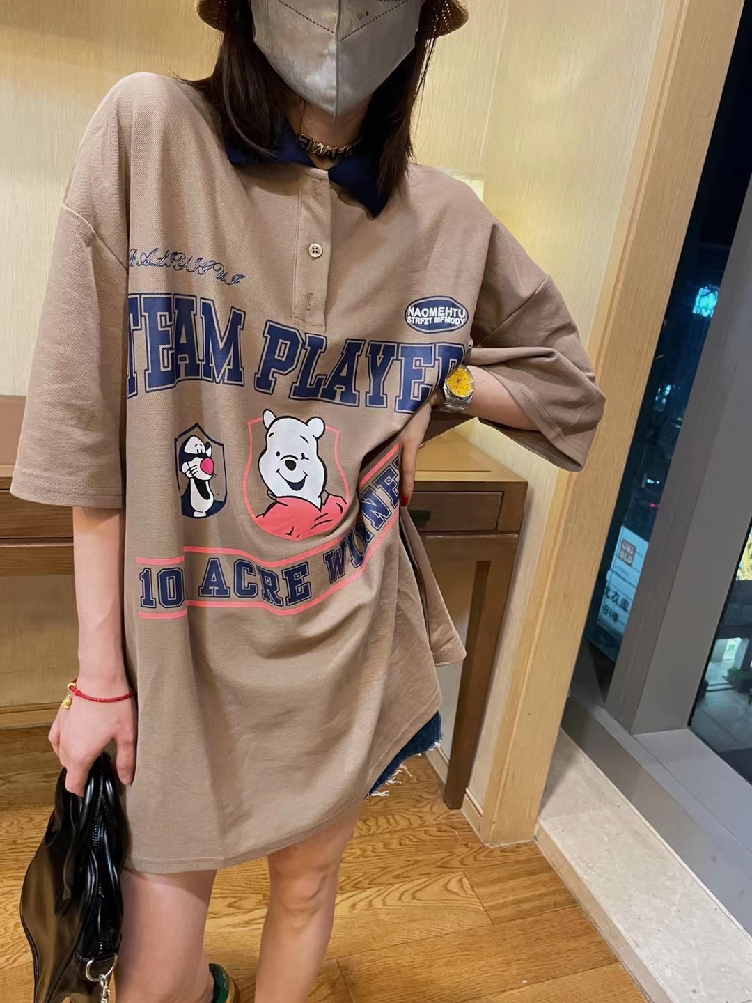 夏韩版卡通印花大版短袖T恤女设计感小众Polo领休闲百搭上衣