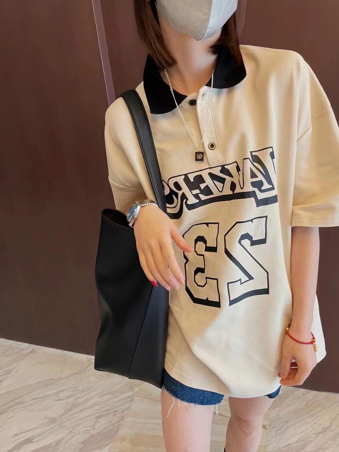 欧货Polo领撞色数字印花宽松大版T恤