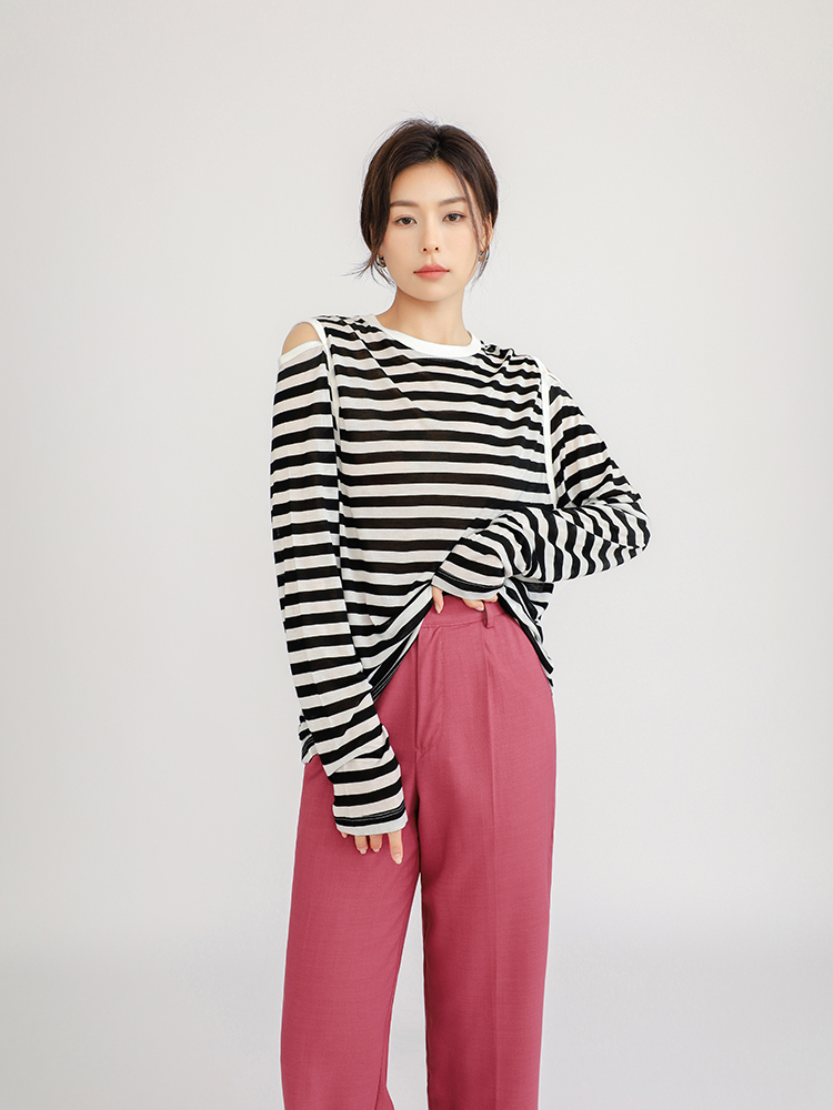 天丝条纹露肩长袖t恤女薄款上衣打底衫