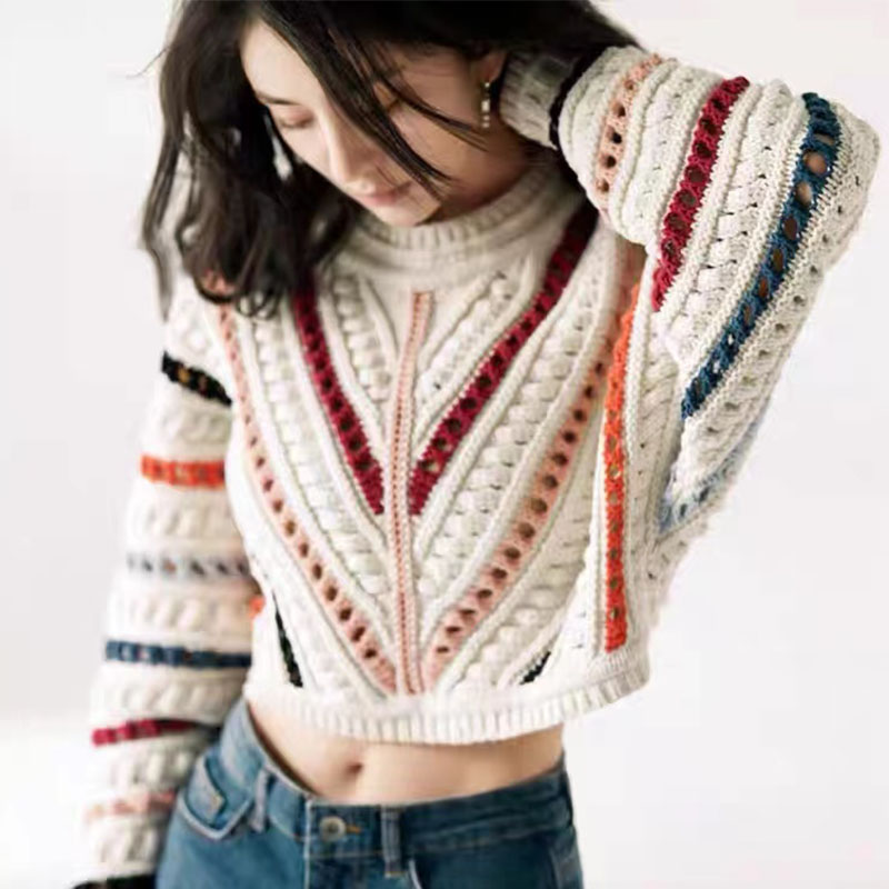 网红同款彩虹条纹拼色镂空毛衣针织衫短款上衣女