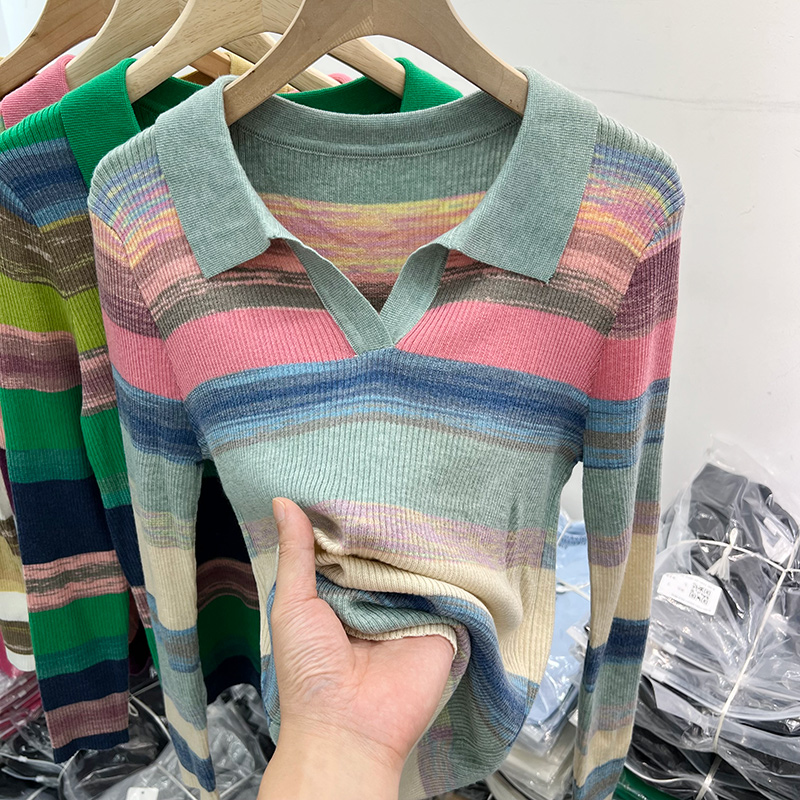 欧货翻领彩色条纹软糯薄款长袖针织衫女毛衣秋季新款洋气上衣