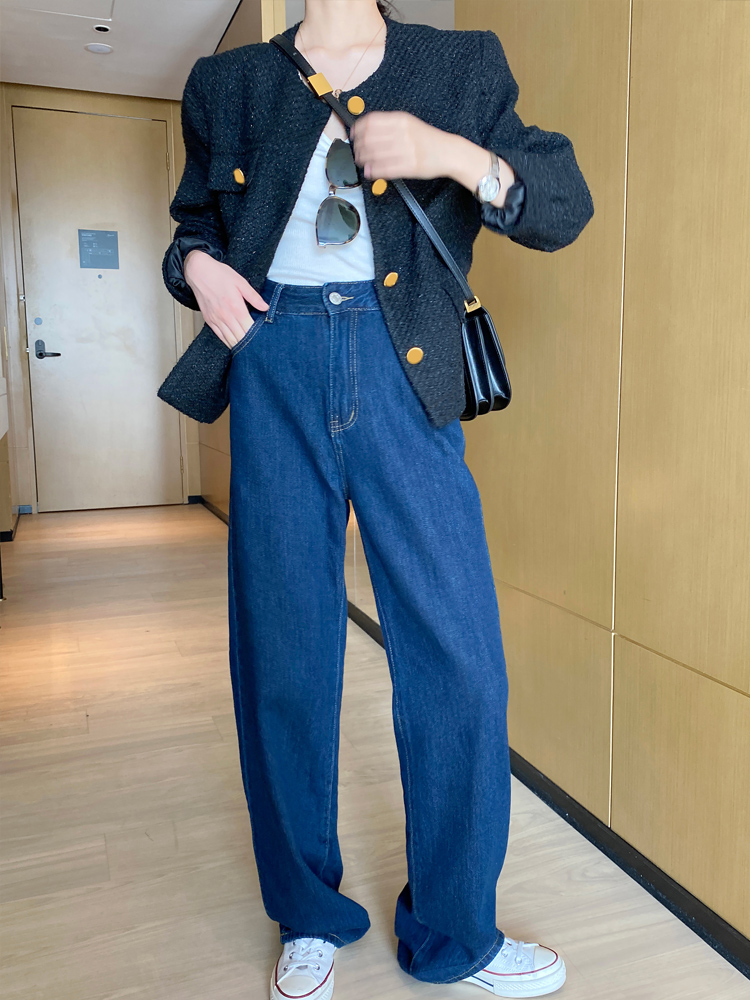 纯棉高腰深蓝色垂感牛仔裤女秋季新款直筒宽松休闲拖地裤子