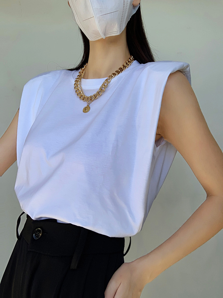 辣妹百搭直角垫肩白色T恤女外穿夏新款纯色宽松显瘦无袖上衣