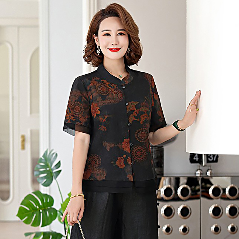 新款中老年衬衫桑蚕丝中年服装真丝香云纱上衣女装短袖妈妈装