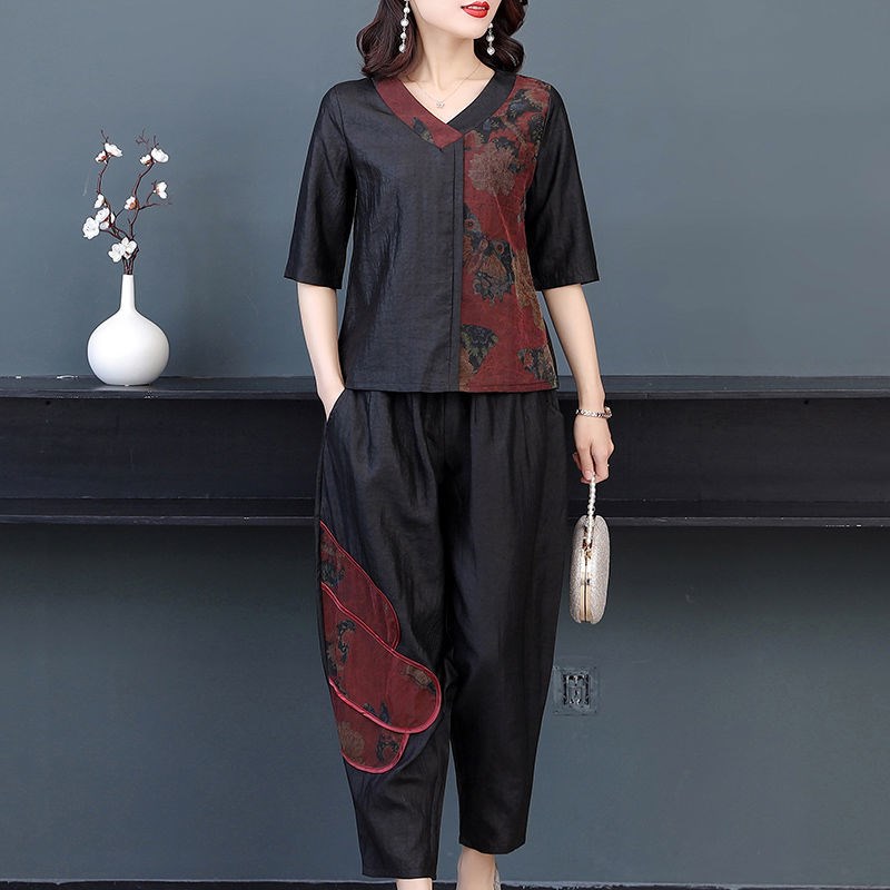 新款简约时尚香云纱印花上衣哈伦裤两件套