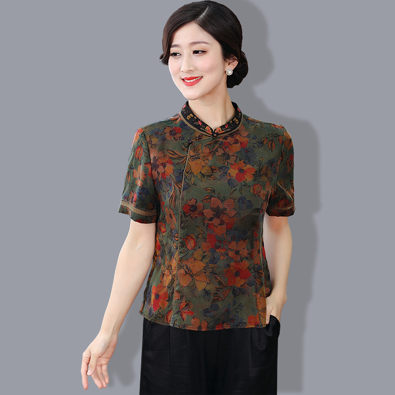 中式旗袍真丝莨绸女装上衣夏季短袖桑蚕丝香云纱中国风套头短袖T