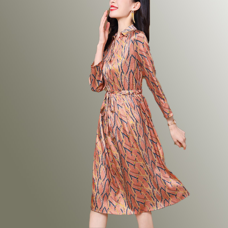 连衣裙新款长袖方领衬衫裙系带真丝桑蚕丝裙