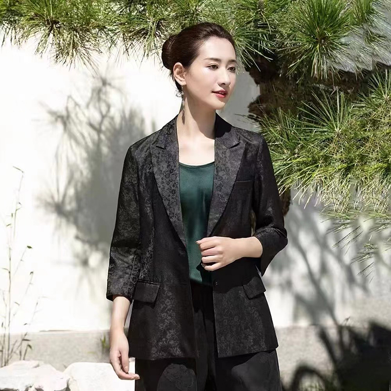 真丝香云纱西装外套女一粒扣经典简约七分袖上衣