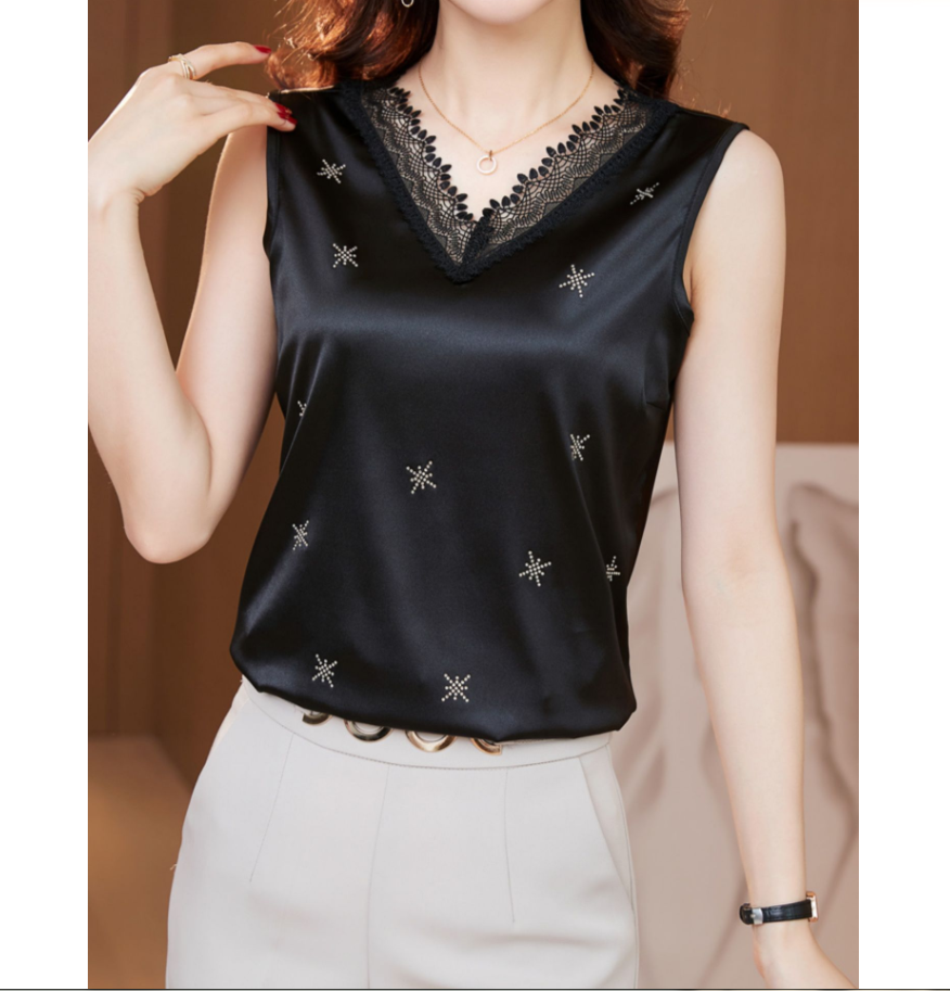 夏季新款烫钻套头蕾丝吊带背心时尚百搭显瘦无袖内搭外穿上衣