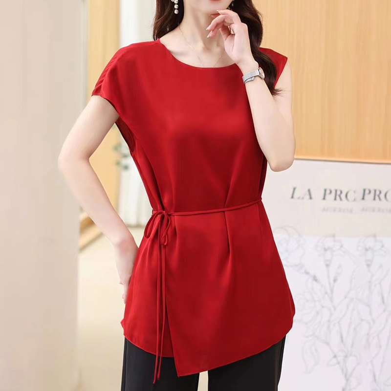 夏季新款不规则6A笈桑蚕丝船领设计感小众系带t恤