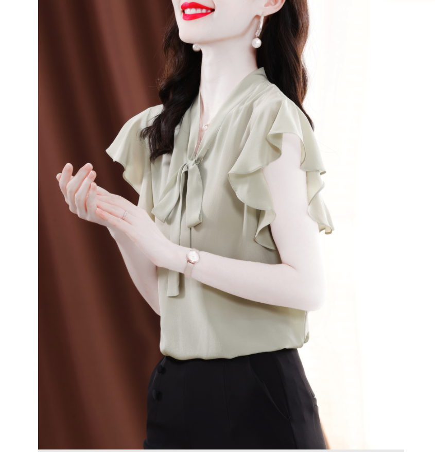 重磅真丝衬衫短袖女夏新款时尚拼接荷叶边高端系带桑蚕丝上衣