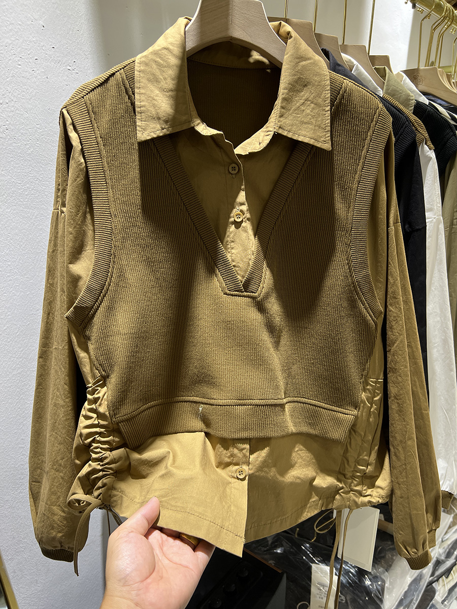 欧货翻领拼条纹假两件衬衫女秋装新款设计感抽绳显瘦减龄上衣