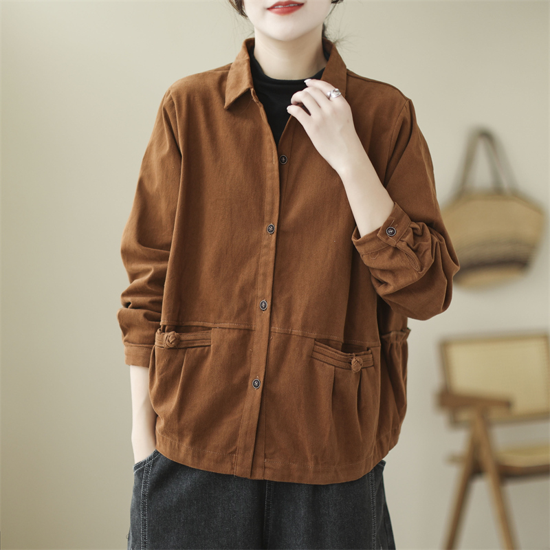 文艺复古盘扣口袋全棉休闲短外套女秋季纯色宽松大码夹克开衫上衣