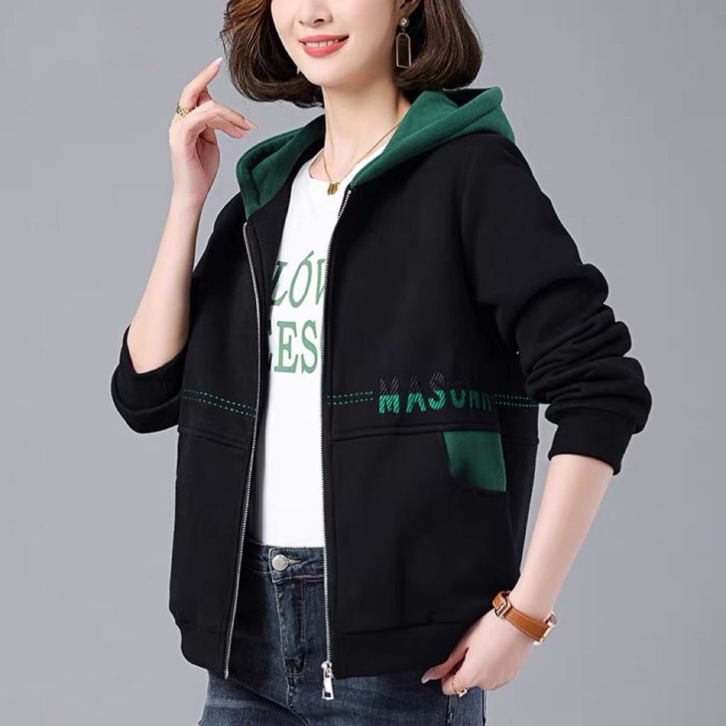 新款春秋薄款宽松短款妈妈拼色休闲拉链外套