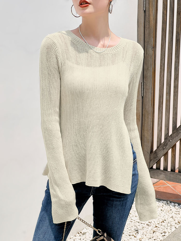 针织衫 亚麻混纺优雅显瘦开叉套头衫