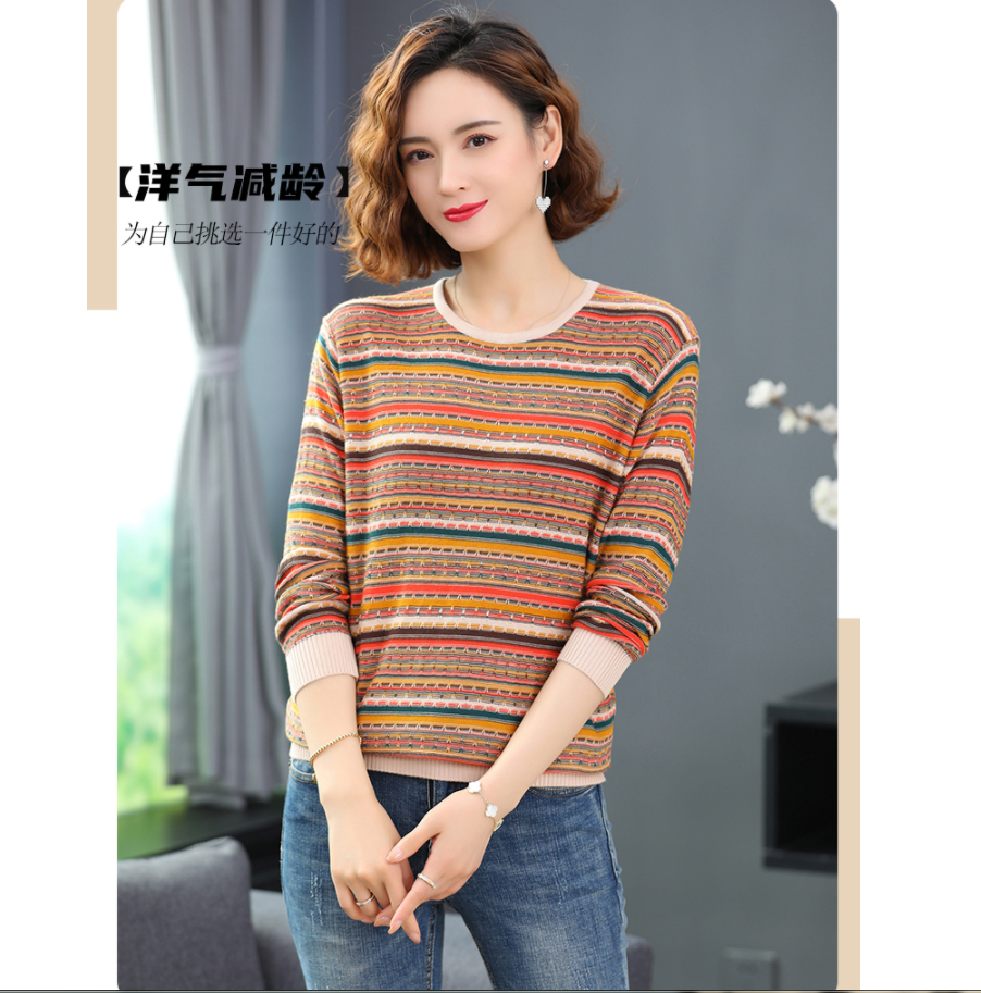 中年妈妈上衣洋气春秋装新款条纹毛衣女长袖打底针织衫内搭