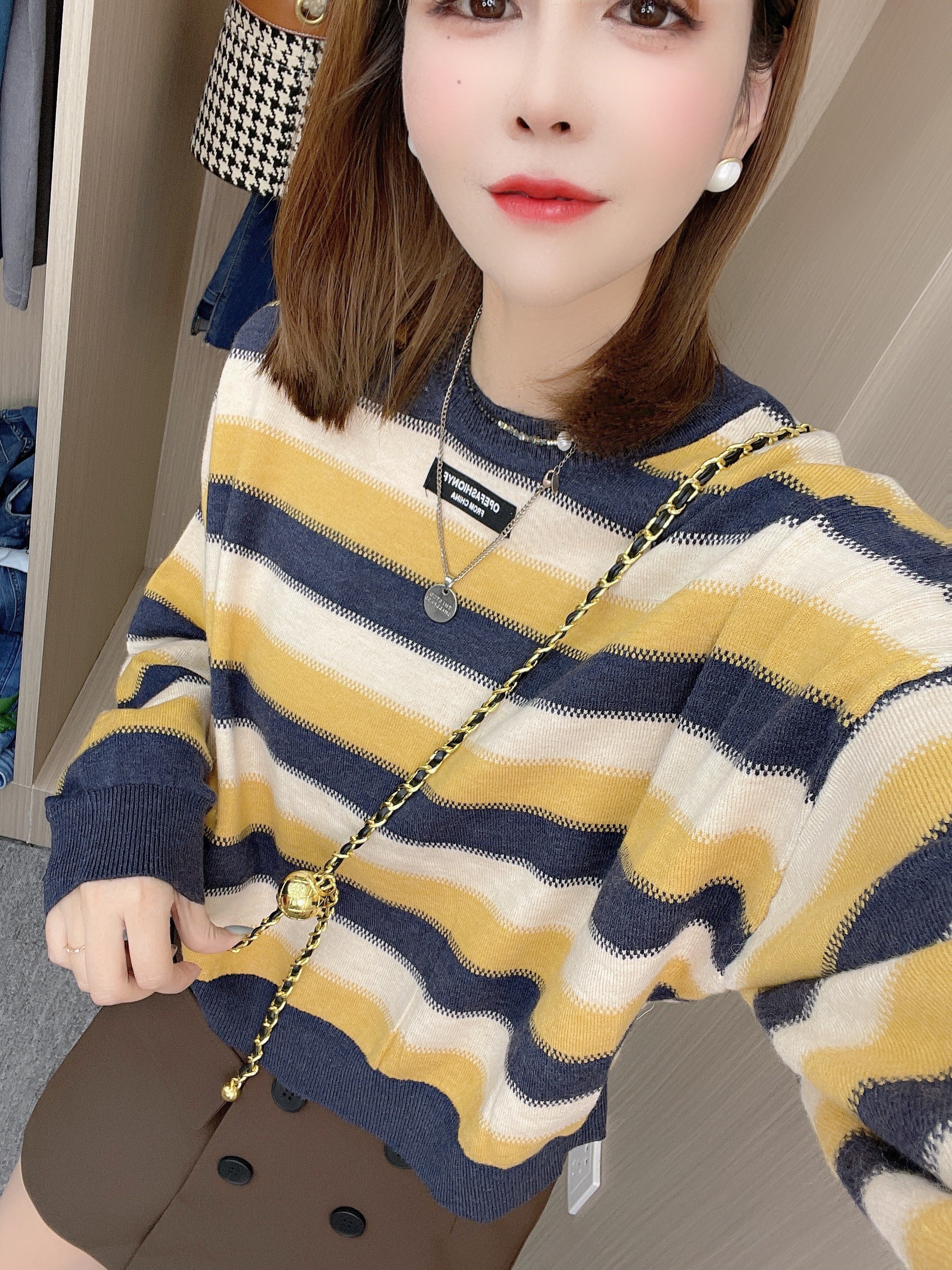 秋季新款宽松条纹针织衫毛衣女长袖撞色上衣内搭打底衫