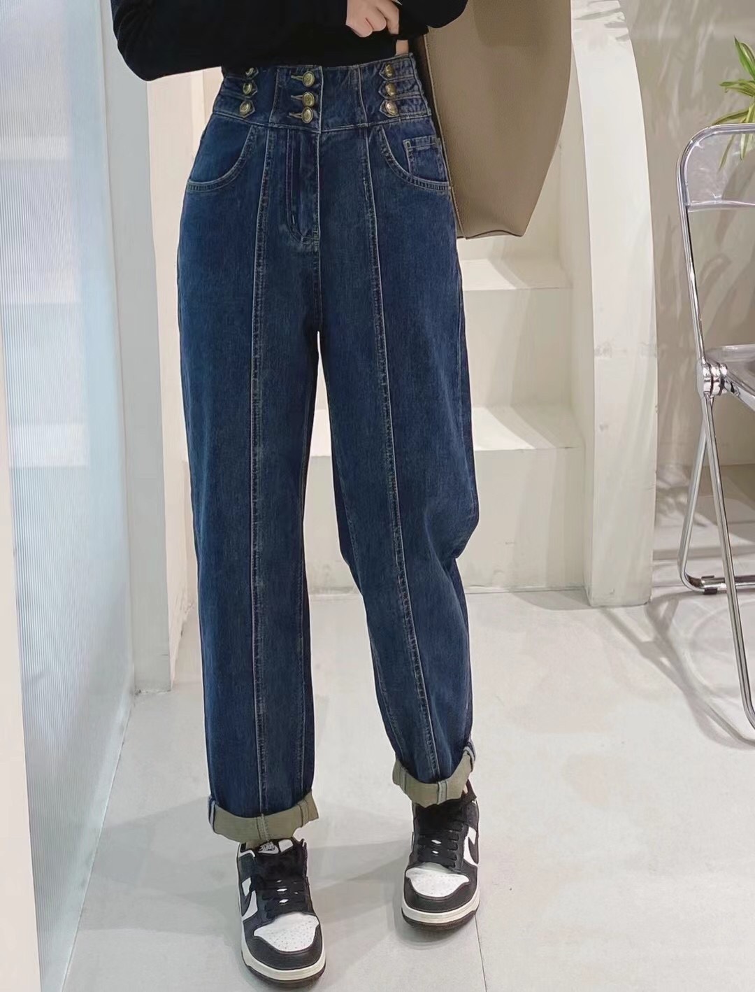 高腰多扣设计感拼接水洗牛仔裤女