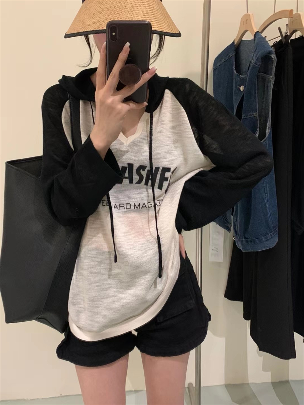 夏秋新款小众时尚显瘦连帽短袖针织衫女宽松长袖防晒罩衫