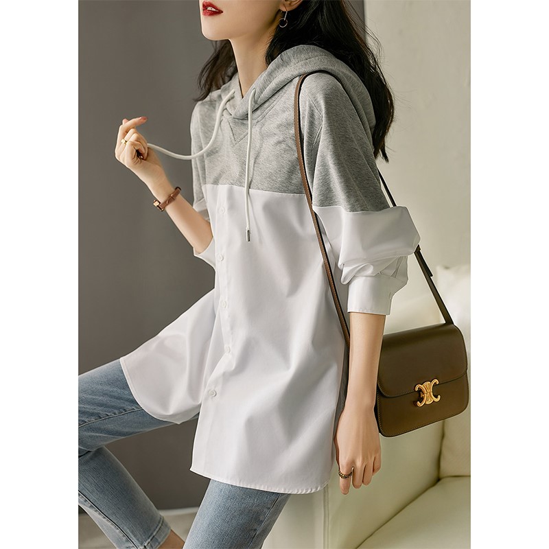 女装灰白拼接宽松休闲卫衣显瘦衬衫