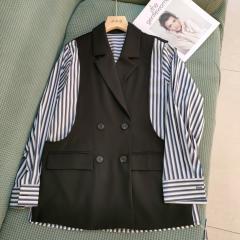 早秋新款韩版条纹长袖衬衫拼接假两件西装马甲女外套