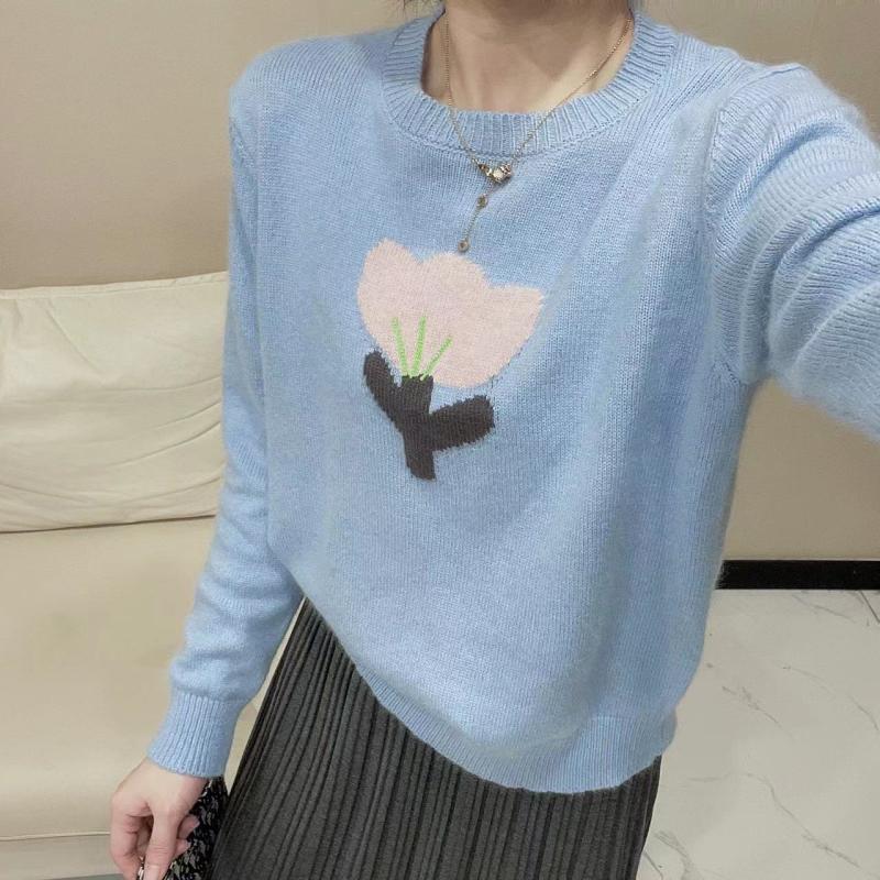 花朵圆领长袖浣熊绒毛衣女秋装软糯宽松显瘦套头针织衫上衣潮