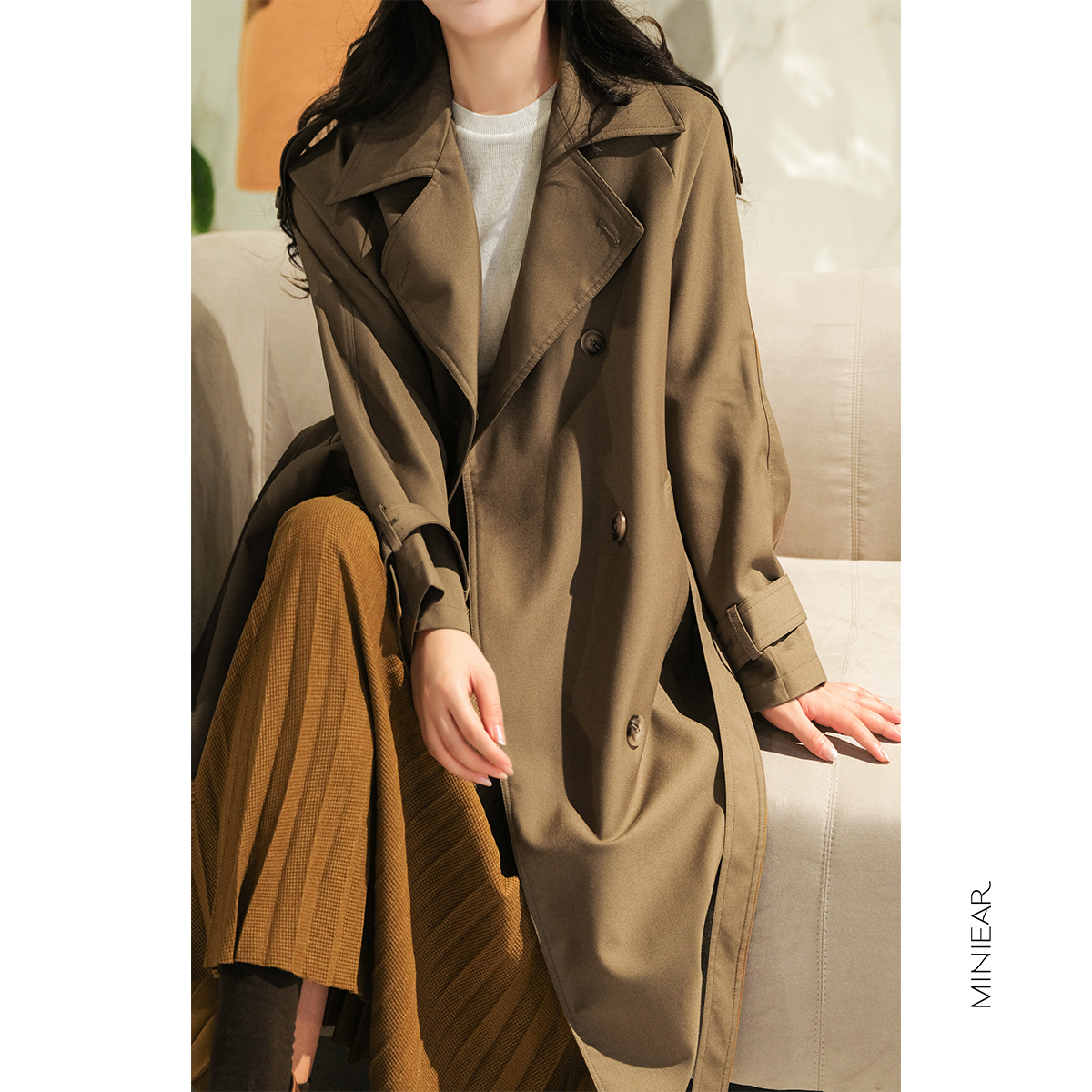 秋季新款 高密斜纹中长款双排扣风衣外套