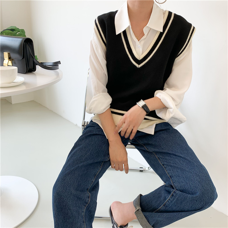 韩版秋冬复古学院风OL通勤叠穿V领针织衫毛衣马甲背心