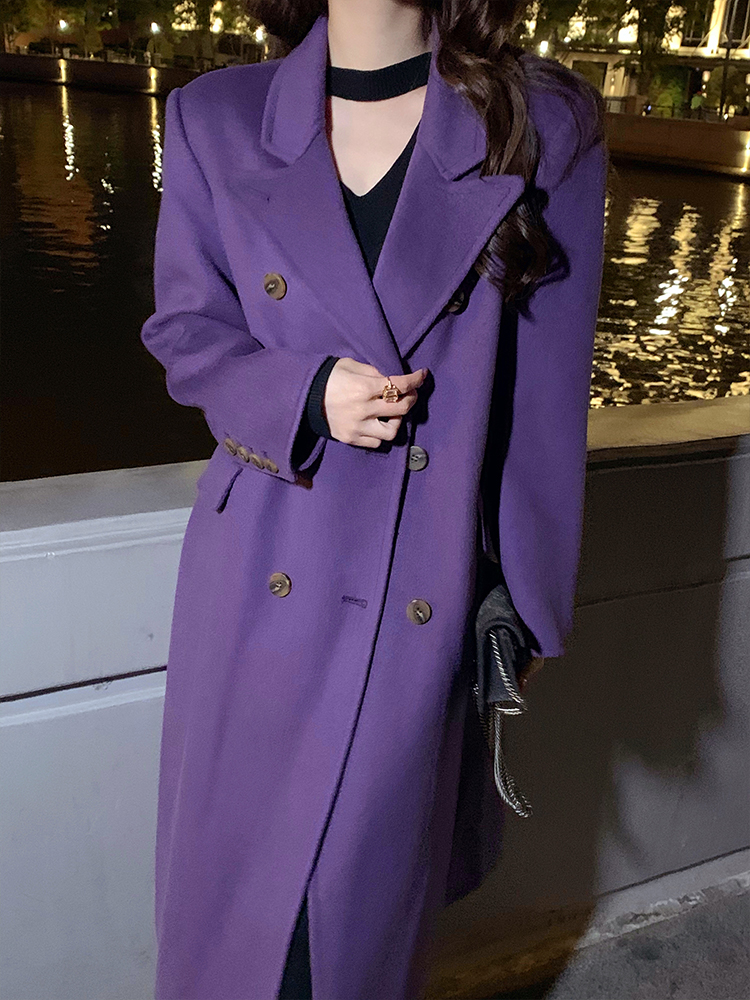 冬日氛围感温柔紫色双面羊绒大衣女中长款法式浪漫廓形感毛呢外套